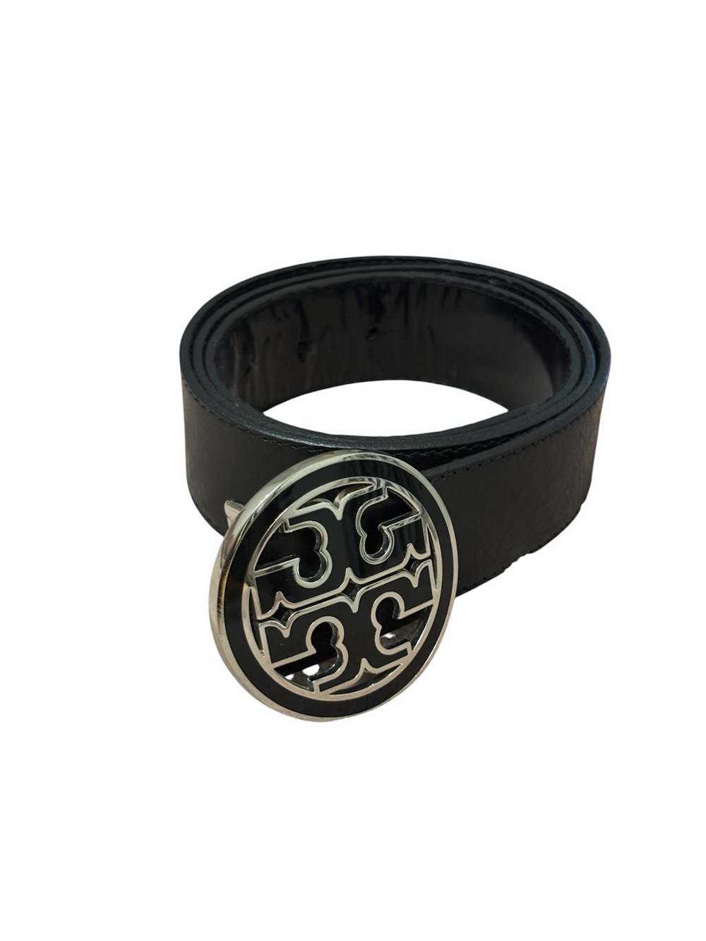 Tory Burch Black Leather Belt with Silver Logo Buckle